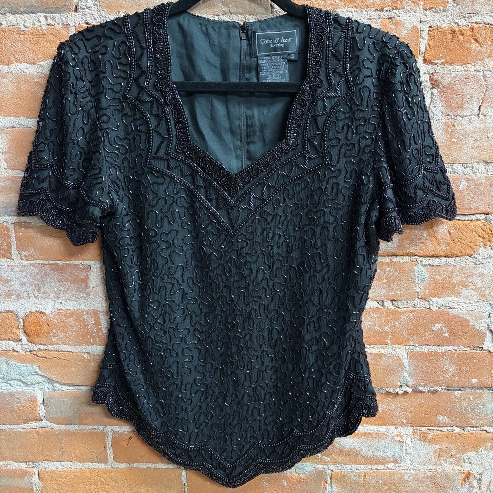 VTG 1980s Cote d’Azur Evening Black Beaded Silk Short Sleeve Top Women’s Small